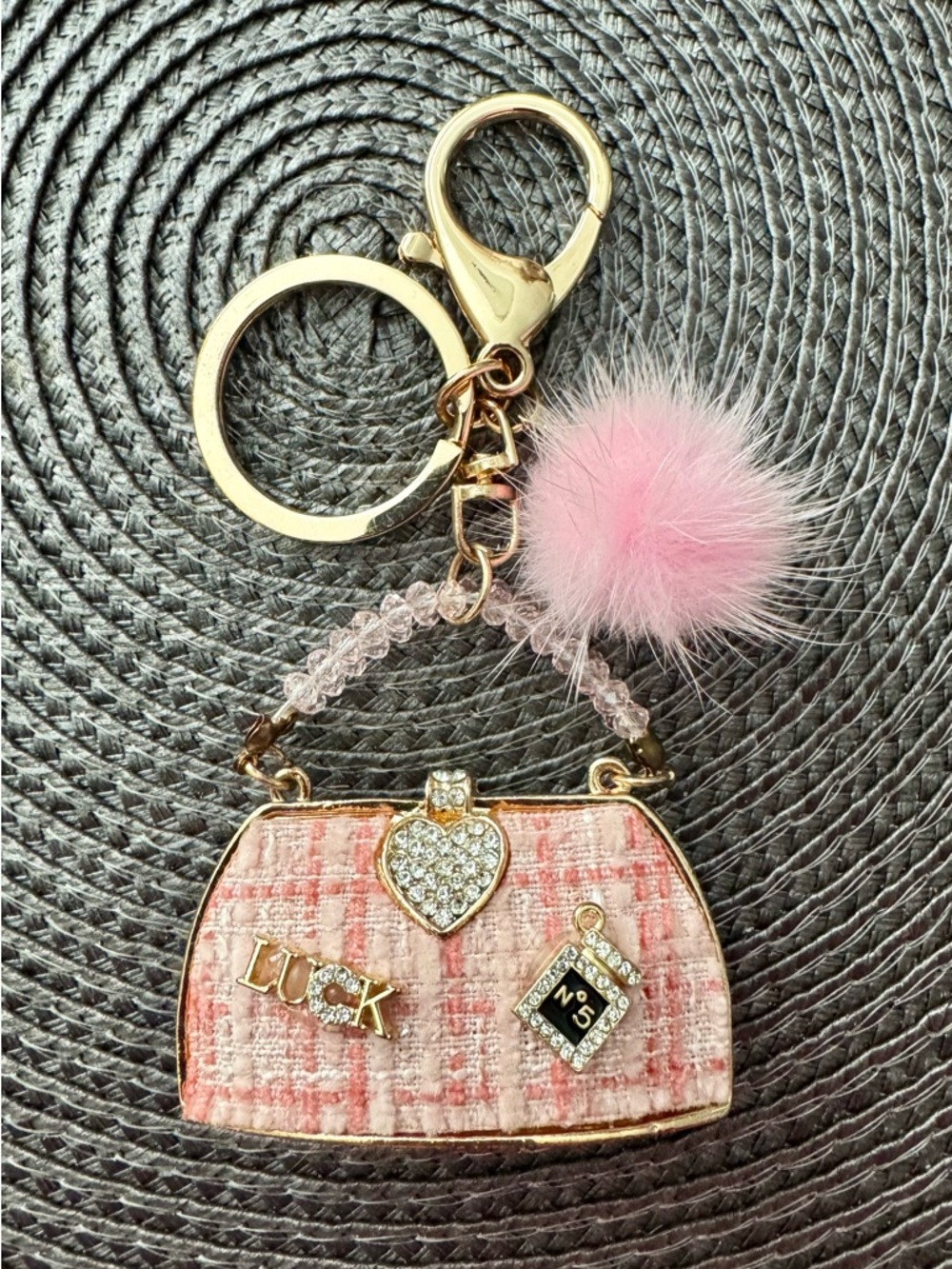Pink Tweed Purse Keychain with Pom Pom
